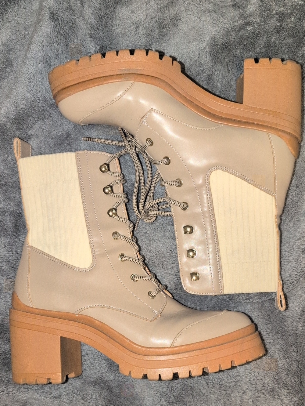Kensie Cream Lace-Up Chunky Heel Boots